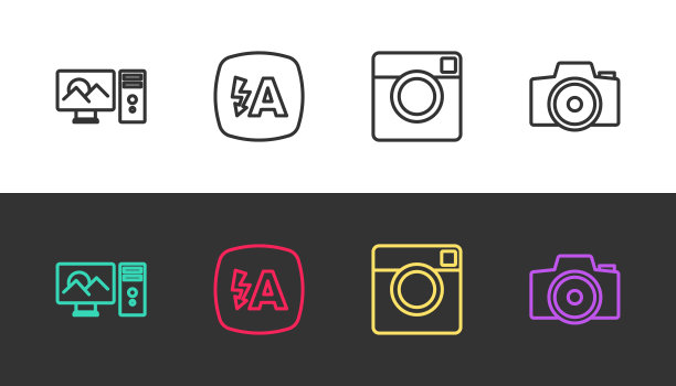 设置线照片修图，自动闪光，相机和黑白。向量图片下载