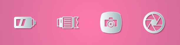 设置剪纸电池的相机，相机照片镜头，照片和快门图标。纸艺风格。向量图片下载