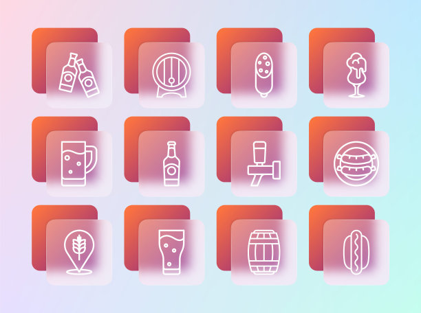 设置线啤酒，啤酒龙头，木桶，瓶子，腊肠，和货架上的图标玻璃。向量图片下载