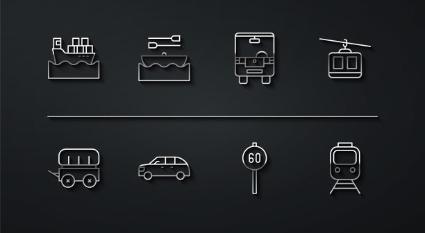 集线货船与箱子，狂野西部篷车，缆车，限速交通，掀背车，船桨，火车和铁路和公共汽车图标。向量图片下载