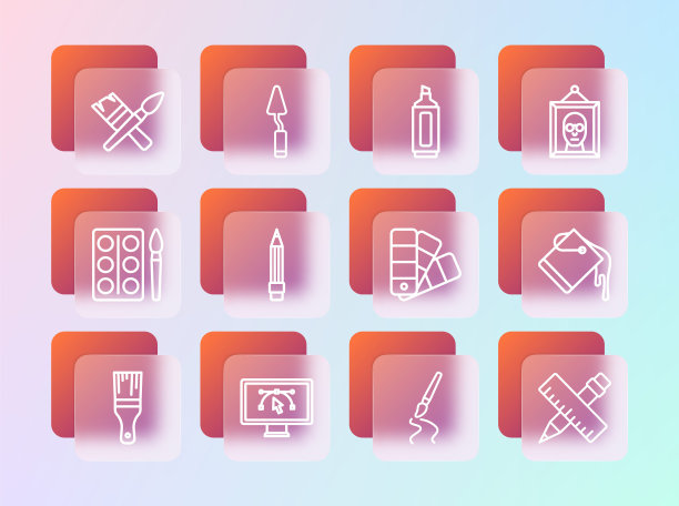 设置线图片，计算机与设计程序，调色板指南，油漆刷，铅笔橡皮擦，记号笔，和调色板刀图标。向量图片下载