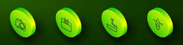 设置等距线照片相机，游泳池与梯子，游泳者潜入和皮艇和划桨图标。向量图片下载