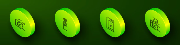 设置等距线相机，遥控器，电池和闪光灯图标。向量图片下载