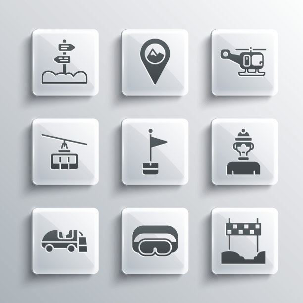 设置滑雪护目镜，缎带在终点线，冬季运动员，位置标记，冰面重新铺设，缆车，道路交通路标和救援直升机图标。向量图片下载