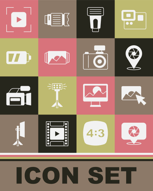 设置相机快门，照片修图，相机闪光灯，框架，电池，对焦线和图标。向量图片下载