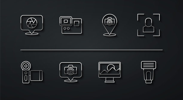 设置线相机快门，电影相机，对焦框线，照片修图，动作极限，闪光灯和图标。向量图片下载