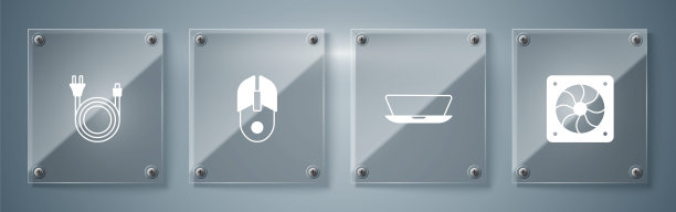 设置电脑冷却器，笔记本电脑，鼠标和电源插头。方形玻璃板。向量图片下载