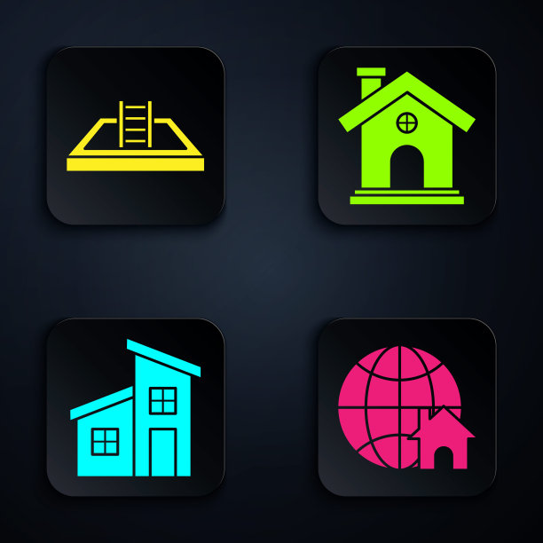 设置地球仪与房子的标志，游泳池与梯子，房子和房子。黑色方形按钮。向量图片下载