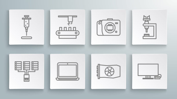 集线服务器，数据，网络托管，工厂输送系统带，笔记本电脑，视频显卡，智能电视，无反光镜相机，显微镜和注射器图标。向量图片下载