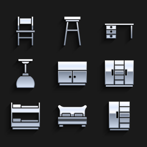 集衣柜，大床，铺位，挂灯，办公桌和椅子图标。向量图片下载