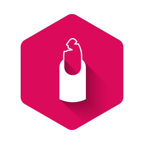 白色破碎的指甲图标与长阴影背景隔离。断裂的指甲。粉红色六边形按钮。向量图片下载