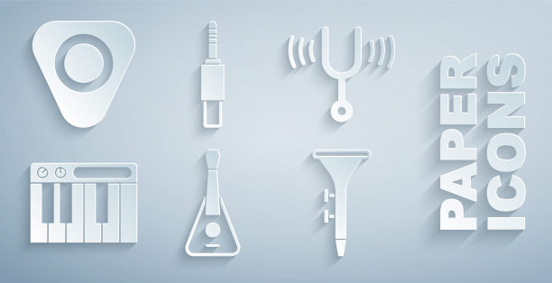 集吉他，音乐音叉，合成器，鼓和鼓棒，音频插孔和挑选图标。向量图片下载