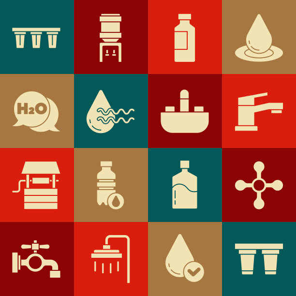 设置水过滤器，水龙头，瓶装水，回收清洁水，水的化学配方，和洗脸盆图标。向量图片下载