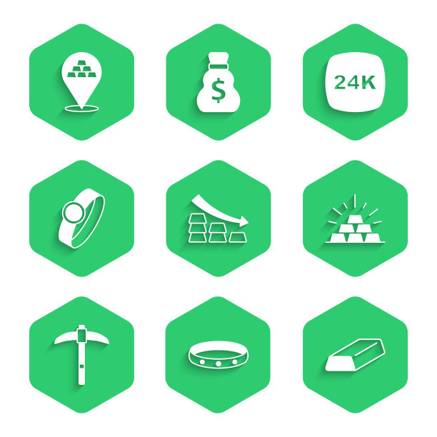 集坠落箭与金条，金戒指，鹤嘴锄，24k和图标。向量图片下载