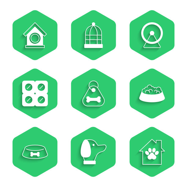 带骨头的狗项圈、宠物屋、猫或狗的食物碗、药丸、仓鼠轮图标矢量素材图片下载