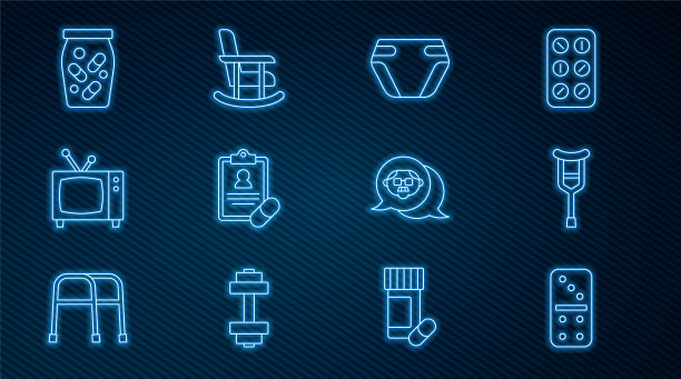 集线多米诺骨牌，拐杖或拐杖，成人尿布，医疗处方，复古电视，药瓶和药丸，祖父和摇椅图标。向量图片下载