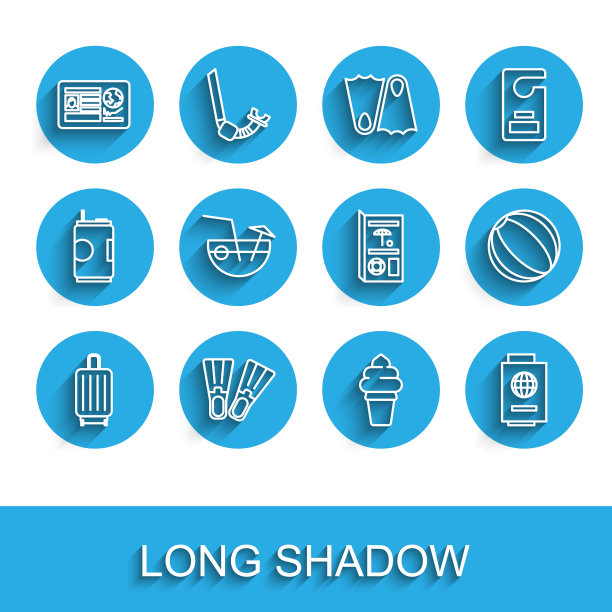 旅行箱，橡胶脚蹼，带签证章的护照，华夫饼筒冰淇淋，机票，椰子鸡尾酒，沙滩球和旅游宣传册图标。向量图片下载