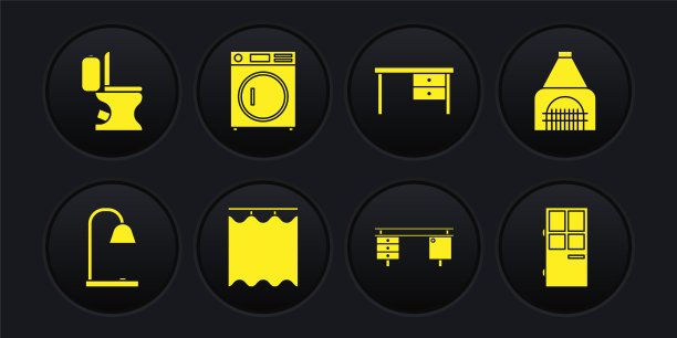 设置台灯，室内壁炉，窗帘，办公桌，洗衣机，闭门和马桶图标。向量图片下载