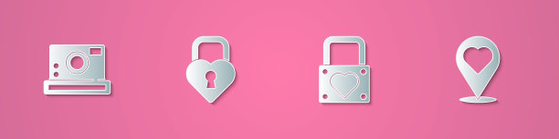 集剪纸相机，城堡在心脏的形状，锁定和位置与图标。纸艺风格。向量图片下载