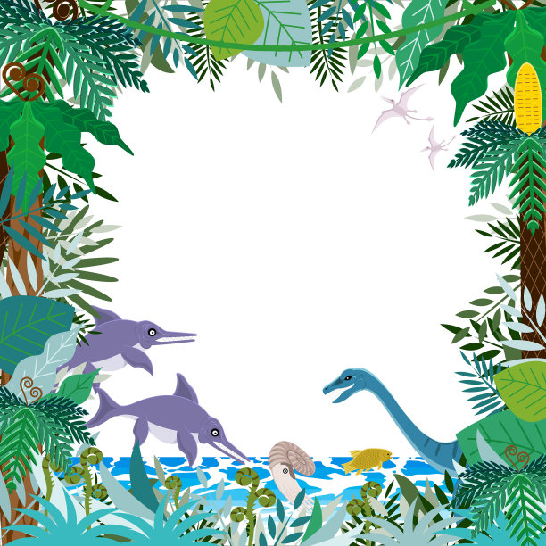 一个框架(背景)彩色古代植物和恐龙生活在侏罗纪的海洋。白色背景。图片下载