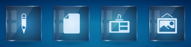 集铅笔，文件文件，身份徽章和图片景观。方形玻璃板。向量图片下载