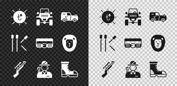 日落，越野汽车，狙击步枪与范围，猎人，靴子，火柴和狩猎子弹带图标。向量图片下载