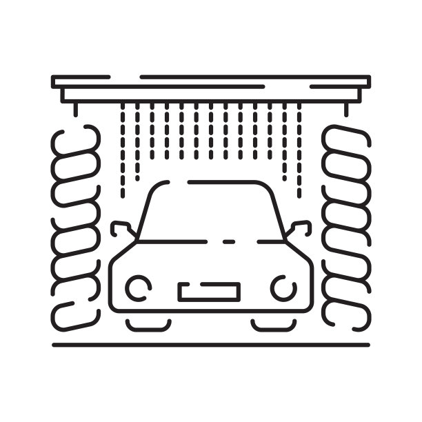 洗车线图标。自动清洗工位线性标志。桶内带有泡沫气泡、海绵和喷扁线图标图片下载