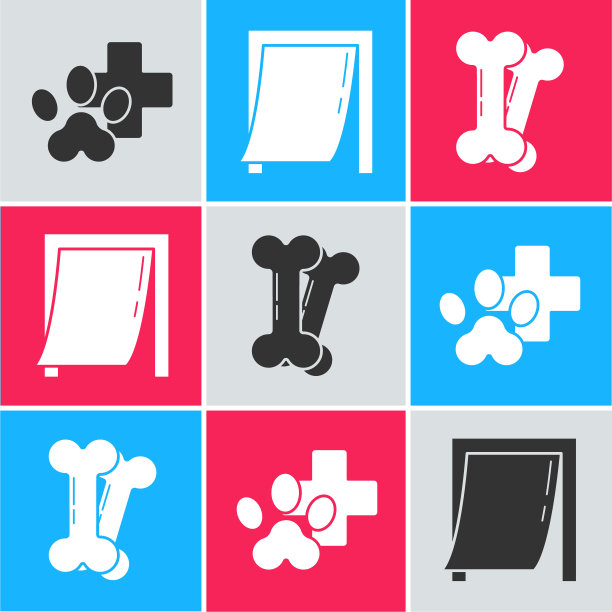 设置兽医诊所符号，宠物门和狗骨图标。向量图片下载
