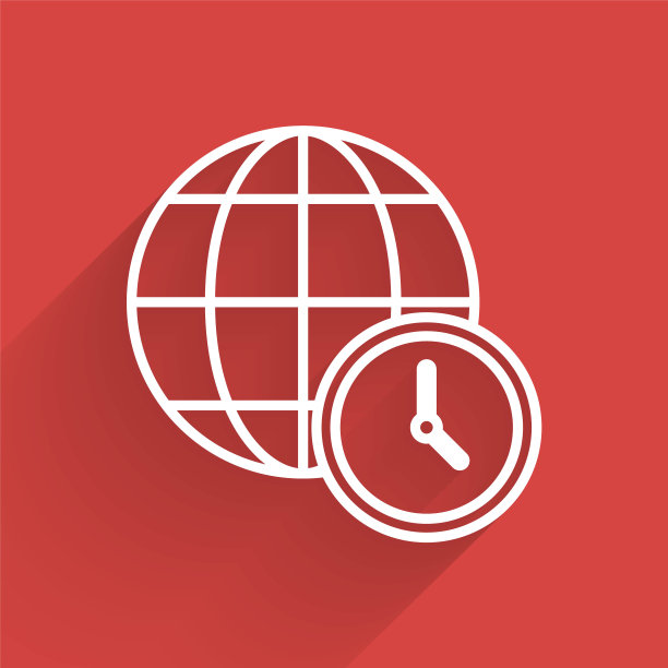 白线世界时间图标孤立的长阴影。时钟和地球仪。向量图片下载