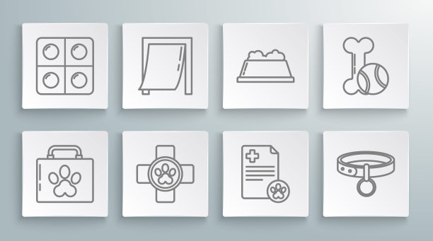 设置线宠物急救箱，宠物门，兽医诊所标志，带有医疗临床记录的剪贴板，项圈名称标签，食物碗，玩具骨橡胶和球和狗药丸图标。向量图片下载