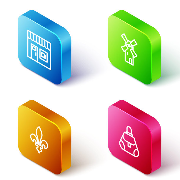 设置等距线咖啡店，风车，Fleur De Lys和手袋图标。向量图片下载