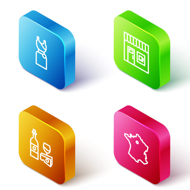 集等距线女人的衣服，咖啡店，葡萄酒与奶酪和地图法国图标。向量图片下载