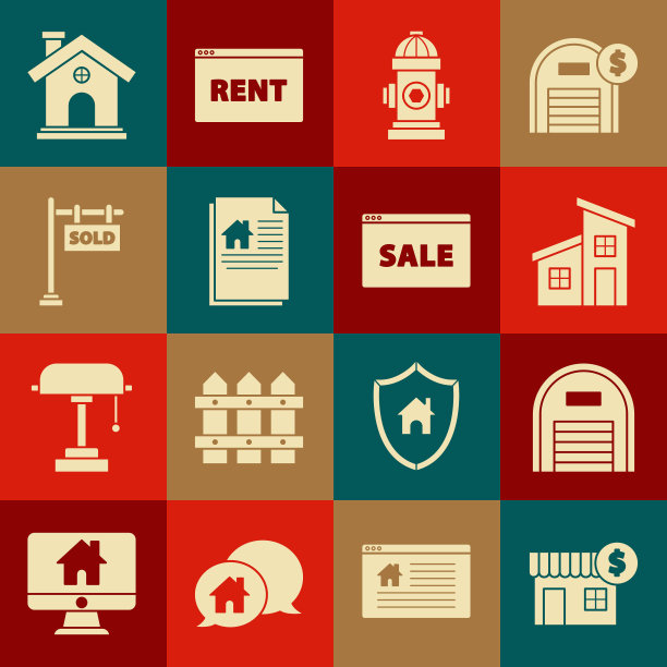 设置房子与美元符号，仓库，消防栓，合同，悬挂标志文字出售，和在线销售图标。向量图片下载