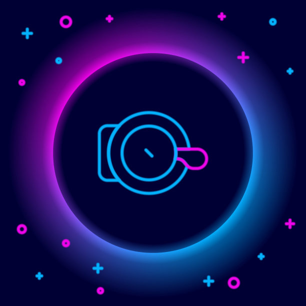 发光的霓虹灯线自行车钟图标孤立的黑色背景。色彩缤纷的轮廓概念。向量图片下载