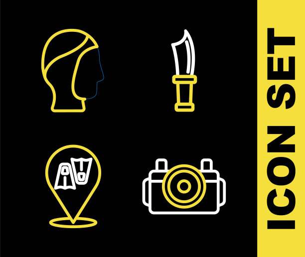 设线潜水刀，照片相机的潜水员，鳍游泳和引擎盖图标。向量图片下载