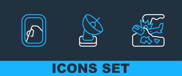 设置线飞机坠毁，飞机窗口和雷达图标。向量图片下载