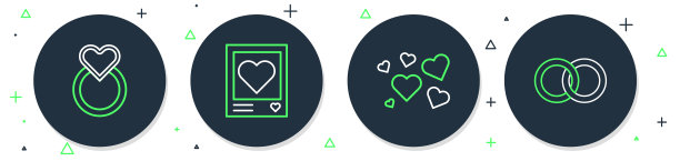 集线相框和心，心，结婚戒指和图标。向量图片下载