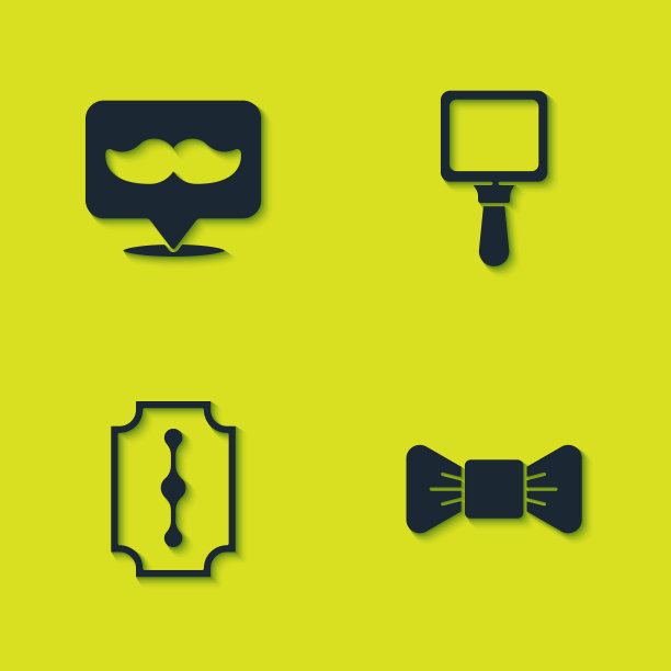 设置理发店，领结，刀片剃须刀和手镜图标。向量图片下载