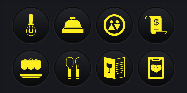 集蛋糕，纸或财务检查，刀和勺子，餐厅咖啡厅菜单，厕所，酒店服务铃，和比萨刀图标。向量图片下载