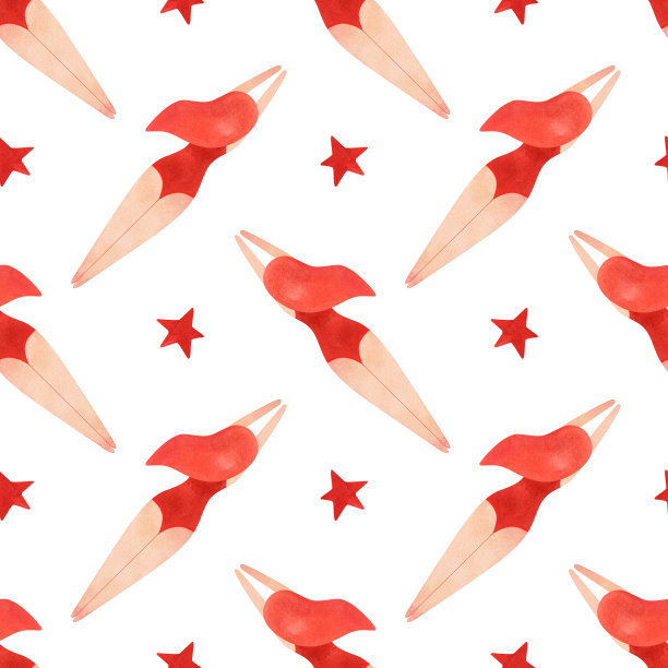 穿着红色泳衣的红发女人在游泳。无缝水彩图案，手绘。复古风格。白色背景。图片下载