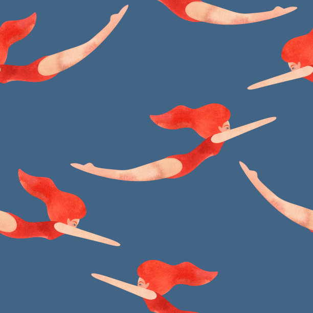 穿着红色泳衣的红发女人在游泳。无缝水彩图案，手绘。复古风格。蓝色背景图片下载