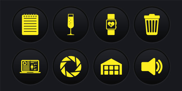 设置医疗临床记录，垃圾桶，相机快门，仓库，智能手表心率和香槟杯图标。向量图片下载