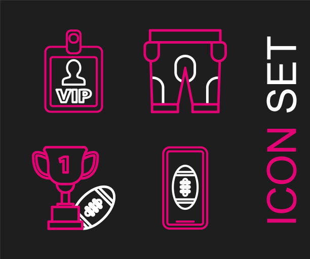 设置线智能手机与美国橄榄球屏幕上，奖杯和美国，短裤和VIP徽章图标。向量图片下载