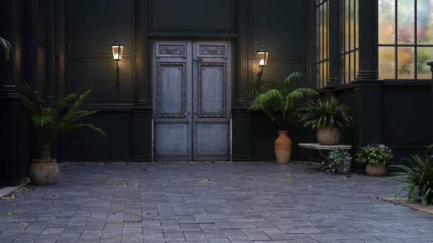 维多利亚时代的温室内部有盆栽和一扇灰色的门。3D渲染插图。图片下载