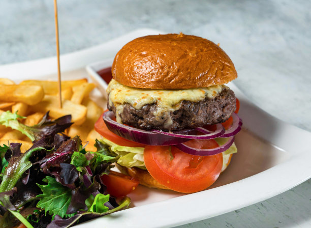 和牛汉堡里有西红柿、洋葱、卷心菜和炸薯条，这是意大利菜的背景侧视图图片下载