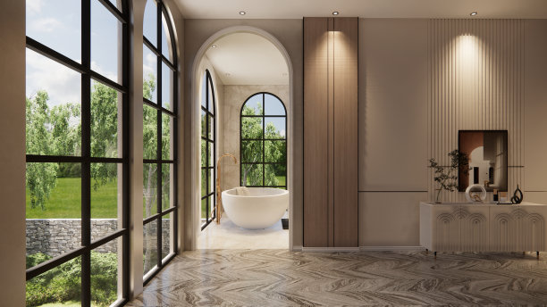 内部空的豪华住宅开放空间。客厅和食品储藏室厨房。双面空间内部。3d渲染。图片下载