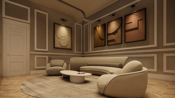 内部空的豪华住宅开放空间。客厅和食品储藏室厨房。双面空间内部。3d渲染。图片下载