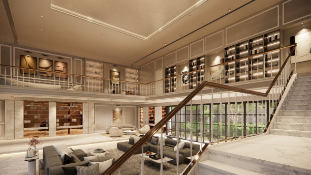 内部空的豪华住宅开放空间。客厅和食品储藏室厨房。双面空间内部。3d渲染。图片下载