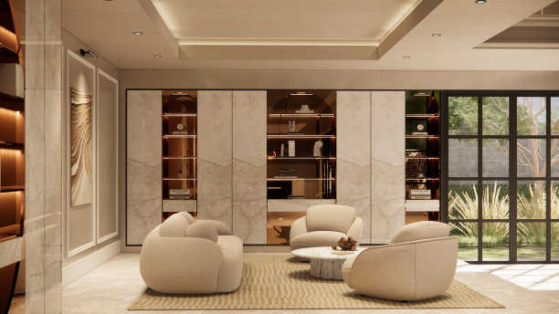 内部空的豪华住宅开放空间。客厅和食品储藏室厨房。双面空间内部。3d渲染。图片下载