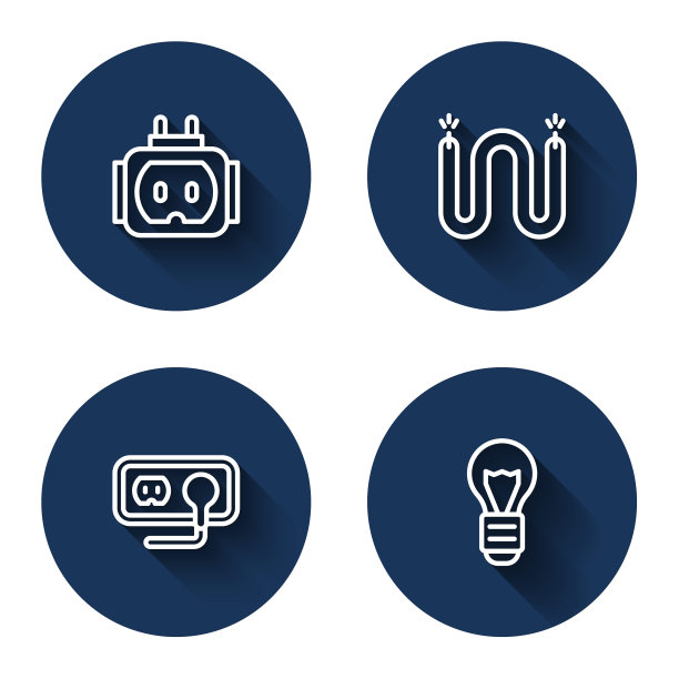 集线路三通插头、电缆、插座、长影灯创意于一体。蓝色圆圈按钮。向量图片下载